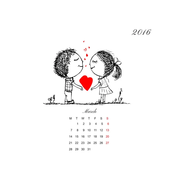 Calendar grid 2016 design. Couple in love together — Stock Vector