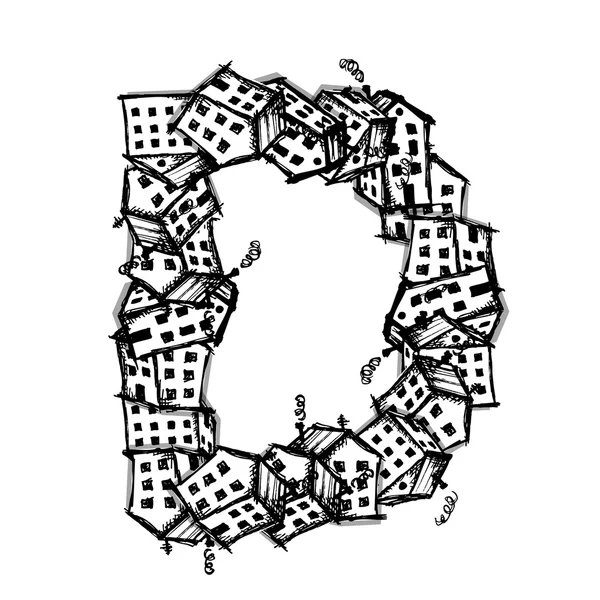 Letra D hecha de casas, diseño del alfabeto vectorial — Archivo Imágenes Vectoriales