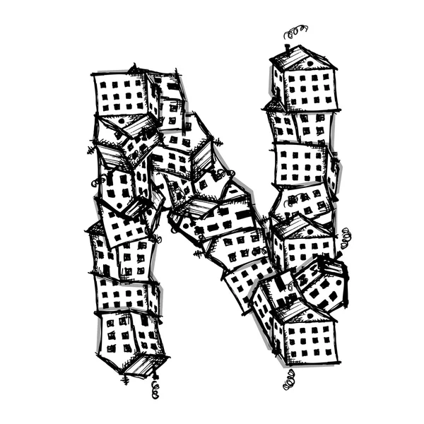 Lettera N fatta da case, disegno alfabeto vettoriale — Vettoriale Stock