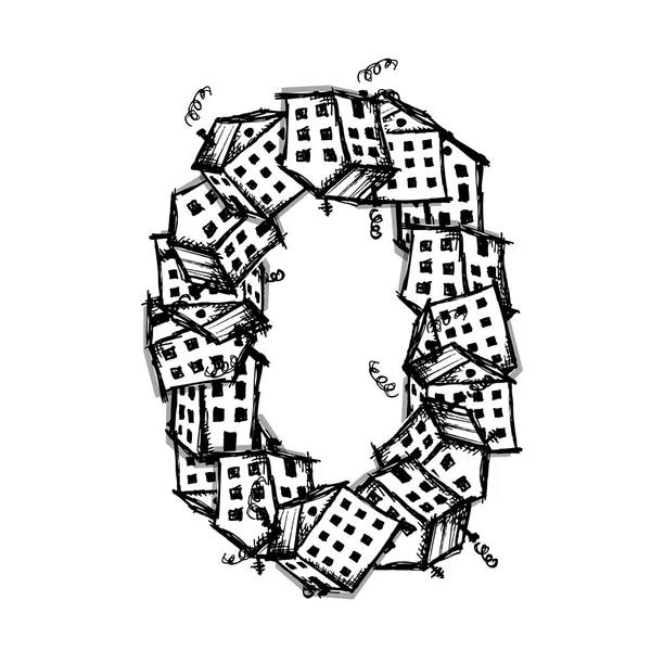 Número cero hecho de casas, diseño del alfabeto vectorial — Archivo Imágenes Vectoriales