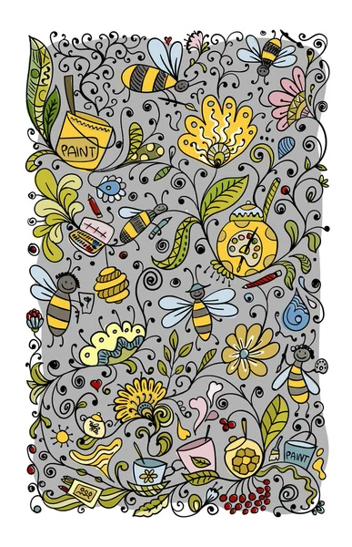 Padrão floral abstrato com abelhas, esboço para o seu design — Vetor de Stock