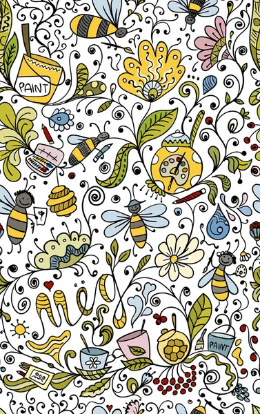 Modello floreale astratto con api, schizzo per il vostro disegno — Vettoriale Stock