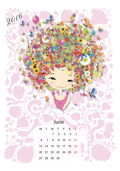 Kalendarz 2016, miesiąca czerwca. Projekt sezon dziewczyny — Wektor stockowy