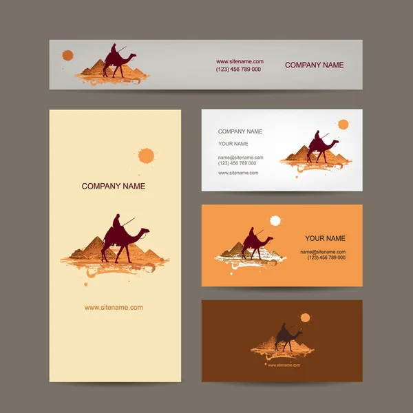 Diseño de tarjetas de visita. Viajar en camello a las pirámides — Archivo Imágenes Vectoriales