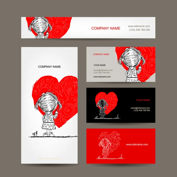 Diseño de tarjetas de visita. Chica dibuja corazón rojo — Archivo Imágenes Vectoriales