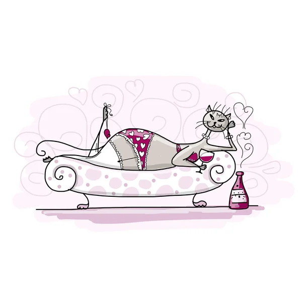 Vrij kat vrouw met wijn op sofa, schets voor uw ontwerp — Stockvector