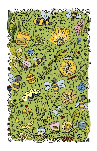 Patrón floral abstracto con abejas, boceto para su diseño — Archivo Imágenes Vectoriales