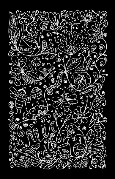 Motif floral abstrait avec des abeilles, croquis pour votre design — Image vectorielle