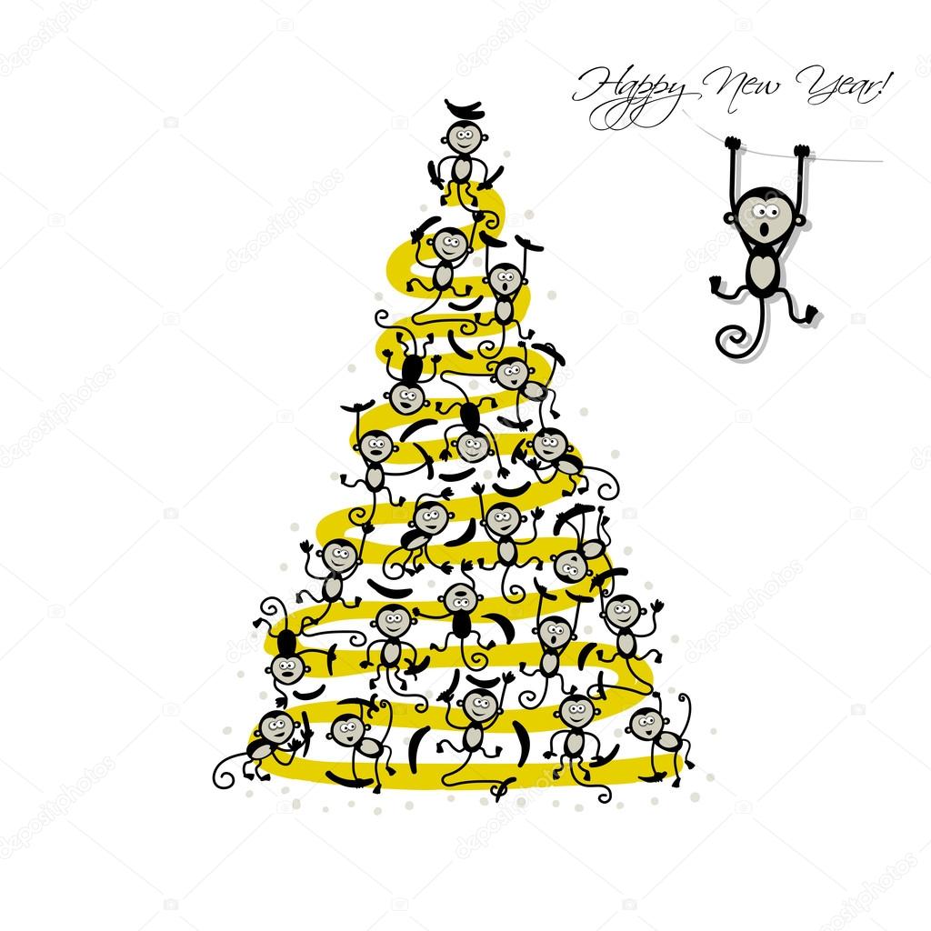 Albero di Natale con scimmie divertenti per il vostro disegno — Vettoriale Stock