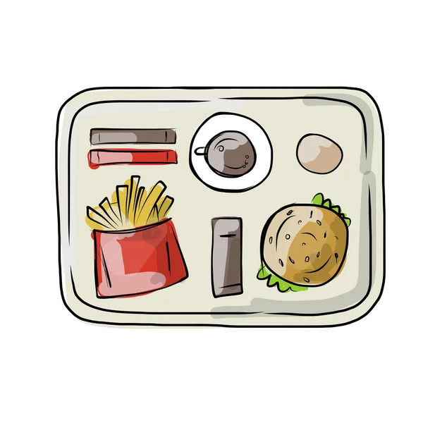 Bandeja con comida rápida, boceto para su diseño — Vector de stock