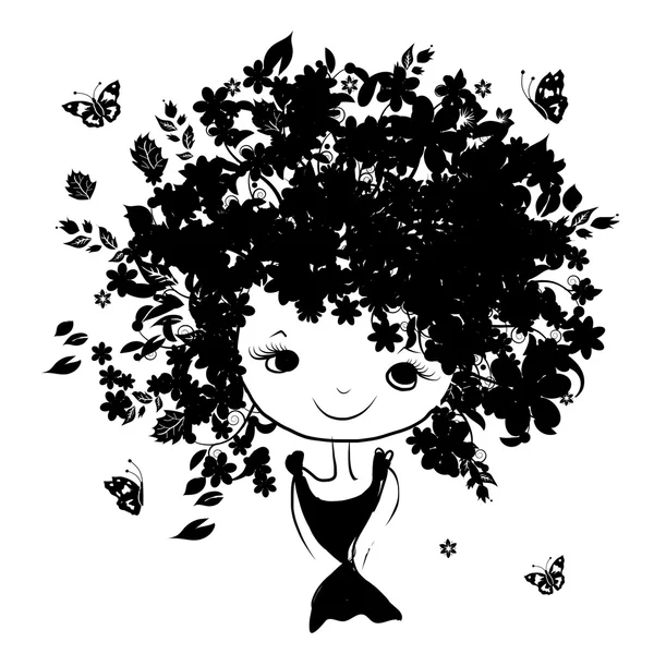 Blommig kvinnliga porträtt, svart siluett för din design — Stock vektor