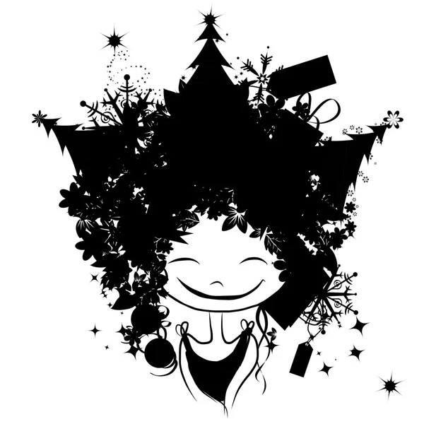 Christmas female portrait, black silhouette for your design — Stock Vector