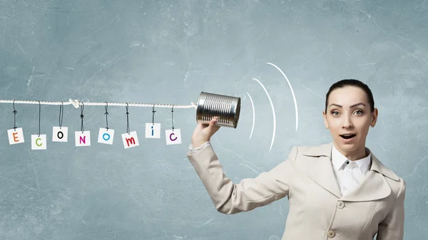 Woman using deaf phone — Stock Photo, Image