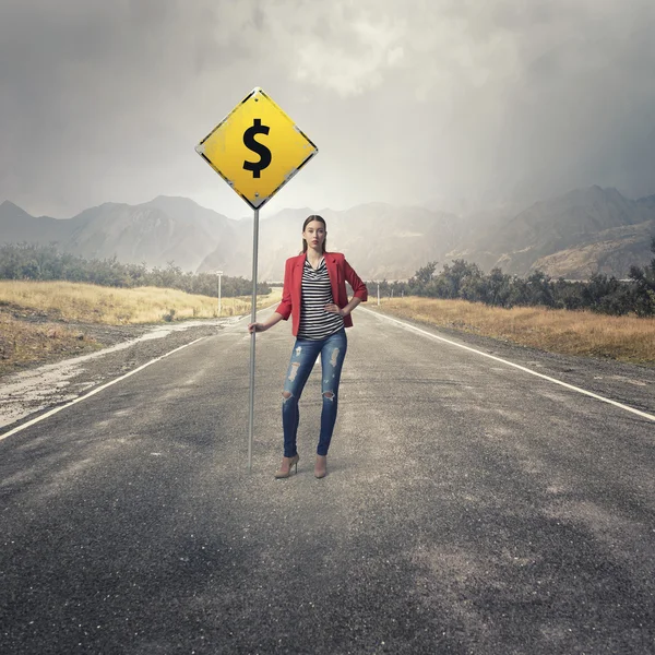 Pretty girl on asphalt road — Stock Photo, Image