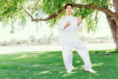Yakışıklı adam Thai Chi yapıyor.