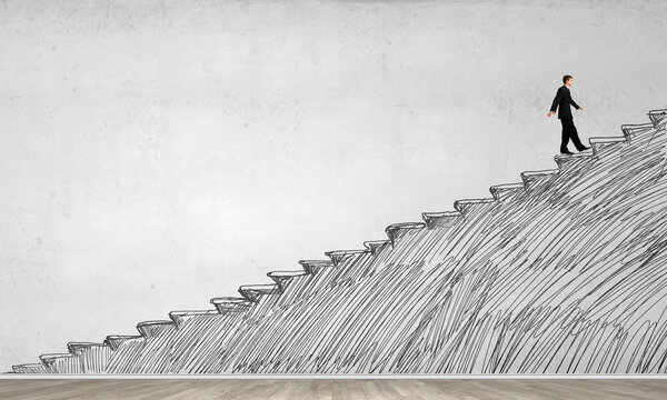 Businessman climbing up drawn staircase as promotion concept