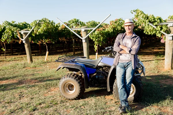 Uomo in piedi accanto al camion in vigna — Foto Stock