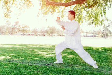 Yakışıklı adam Thai Chi yapıyor.