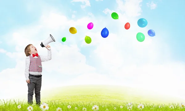 Kid boy with megaphone — Stock Photo, Image