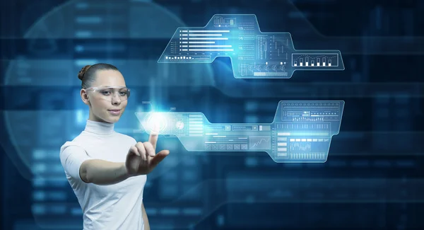 Woman working with virtual interface — Stock Photo, Image