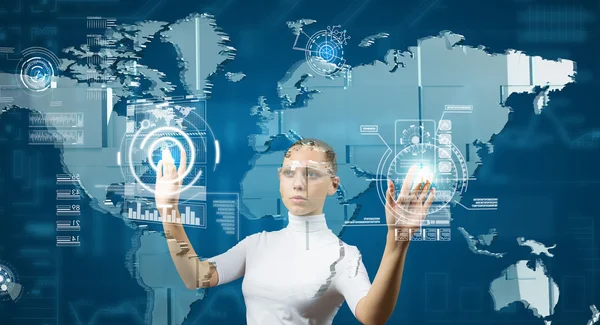 Woman working with virtual interface — Stock Photo, Image