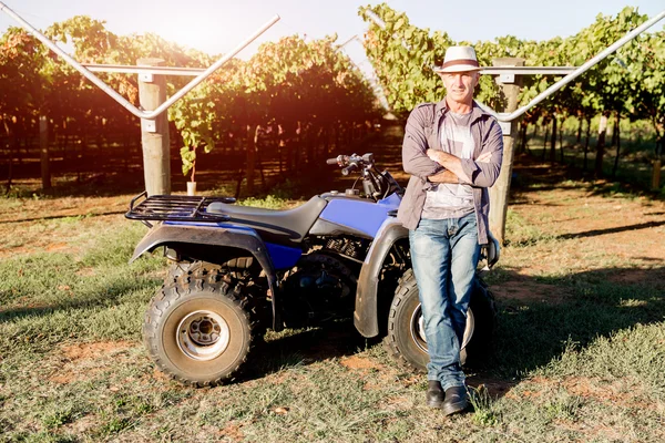 Uomo in piedi accanto al camion in vigna — Foto Stock