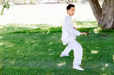 Yakışıklı adam Thai Chi yapıyor.