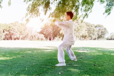 Yakışıklı adam Thai Chi yapıyor.