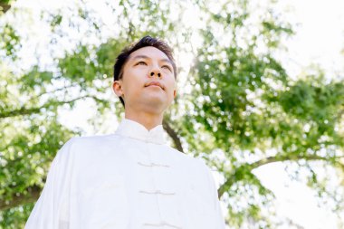 Yakışıklı adam Thai Chi yapıyor.