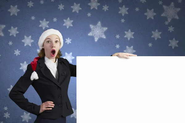 Weihnachtsmann Frau mit Banner — Stockfoto