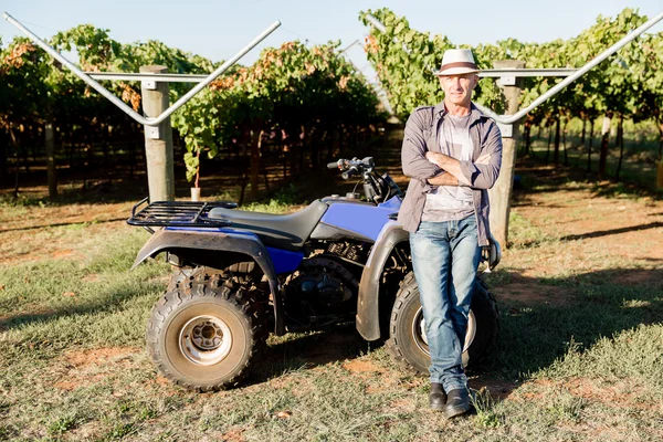 Uomo in piedi accanto al camion in vigna — Foto Stock