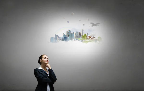 Mujer pensativa y sus pensamientos — Foto de Stock