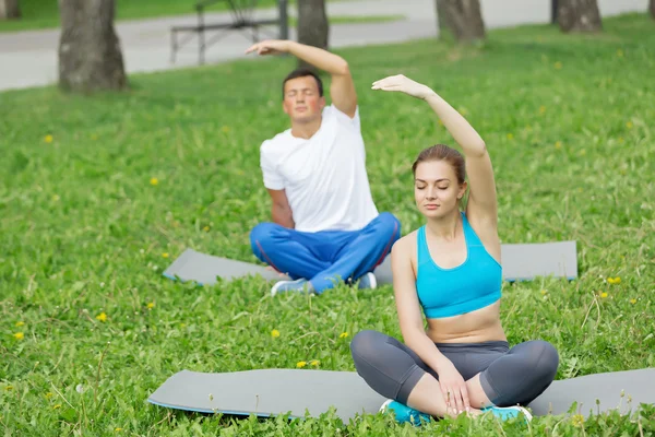 Posiadanie praktyki jogi w parku — Zdjęcie stockowe