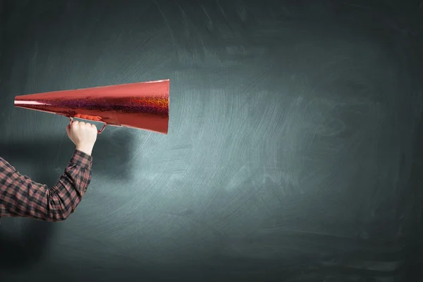 Guy make announcement in trumpet — Stock Photo, Image