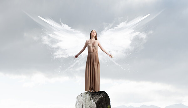 Beautiful woman in long dress with wings on top