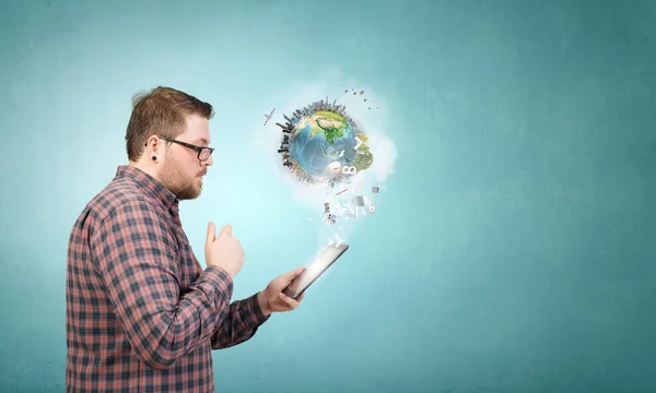 Hipster guy using tablet — Stock Photo, Image