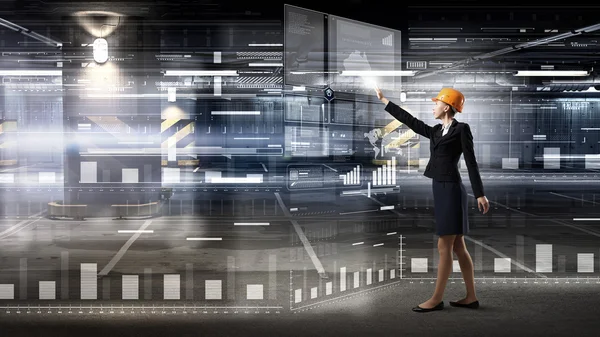 Engineer woman using virtual panel — Stock Photo, Image