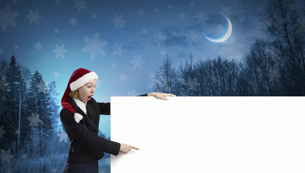 Weihnachtsmann Frau mit Banner — Stockfoto