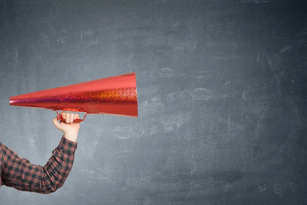 Guy make announcement in trumpet — Stock Photo, Image