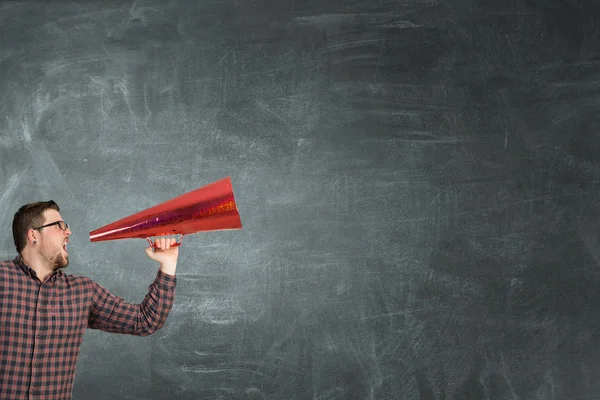 Guy make announcement in trumpet — Stock Photo, Image