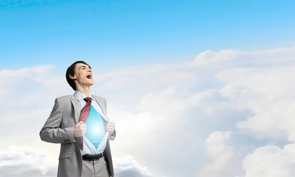 Gritando emocionalmente super empresário — Fotografia de Stock