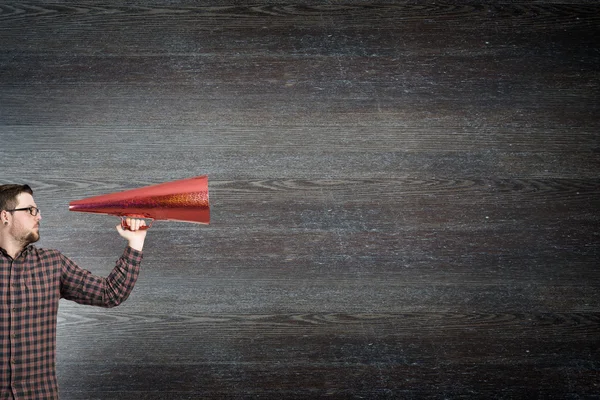 Guy make announcement in trumpet — Stock Photo, Image