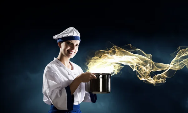 She is magician as cook — Stock Photo, Image