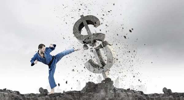 Karate man attack dollar — Stockfoto