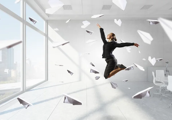 Dancing businesswoman in office — Stock Photo, Image