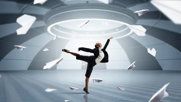 Dancing businesswoman in office — Stock Photo, Image