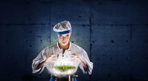 She is magician as cook — Stock Photo, Image