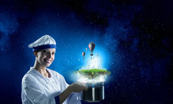 She is magician as cook — Stock Photo, Image