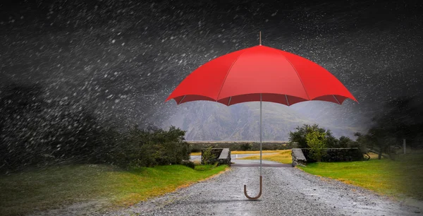 Color umbrella in sky . Mixed media — Stock Photo, Image