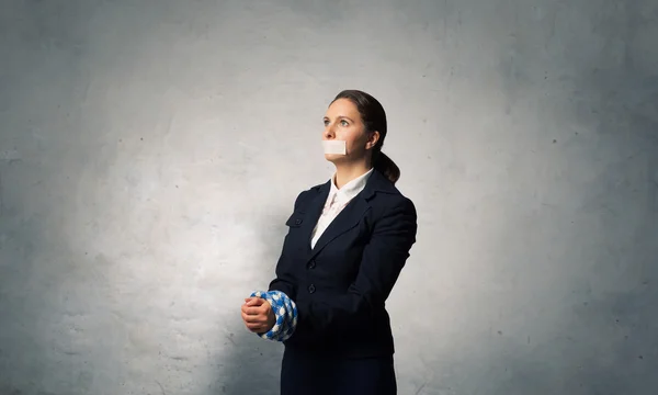 Speechless woman with tired hands — Stock Photo, Image